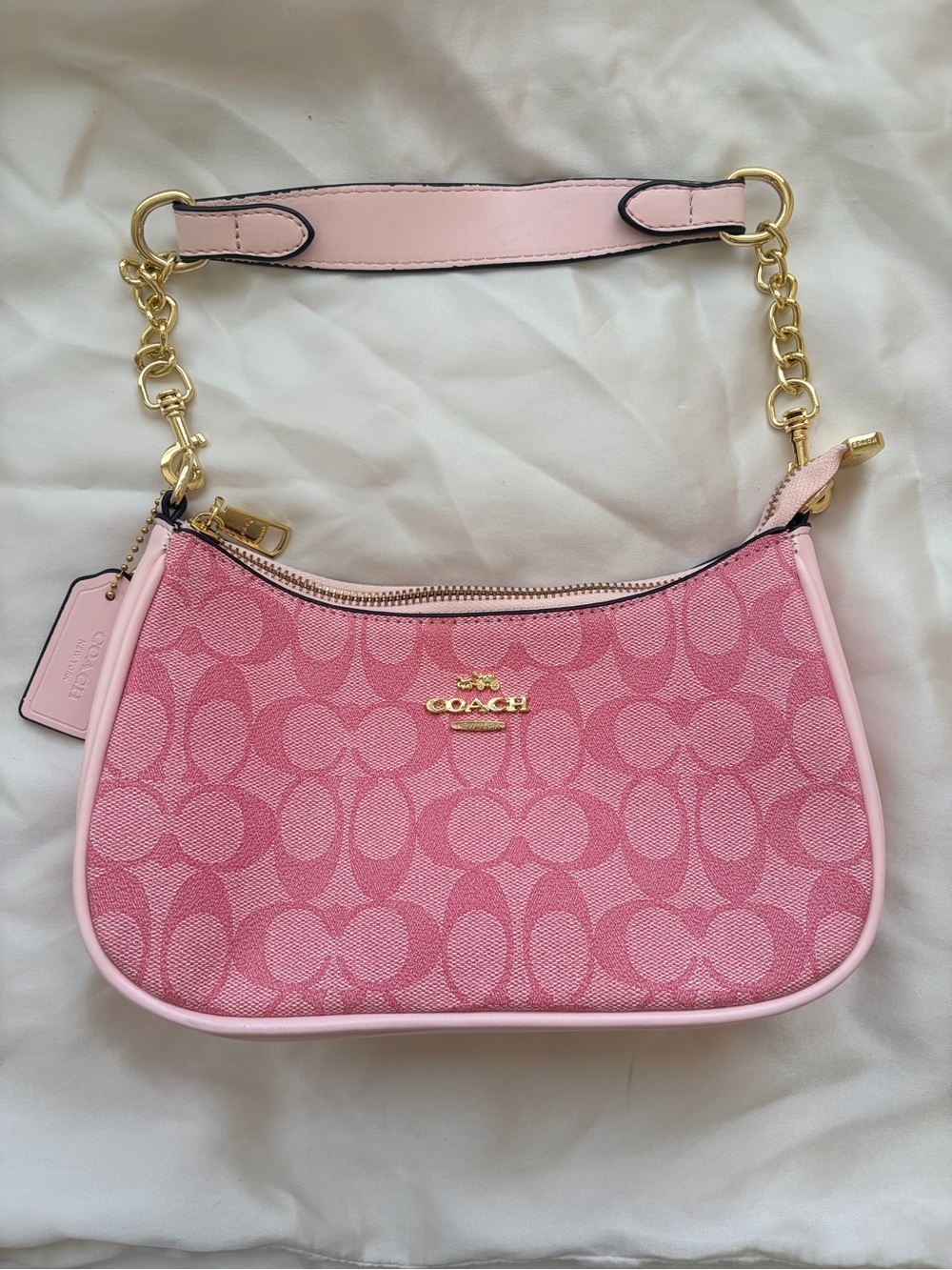 Coach Pink Signature Canvas Chain-Trim Shoulder Bag